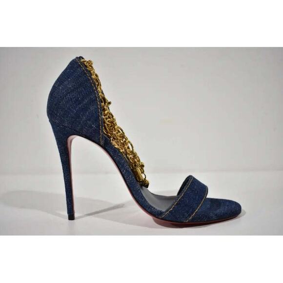 Christian Louboutin Gourmi Sandal 100 Denim Gold Charm Ankle Strap Heel Pump 38 - Picture 2 of 12